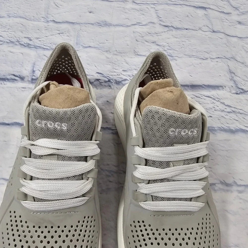 Crocs LiteRide Pacer Sneakers Womens 8 Light Gray White Breathable Lace Up Shoes